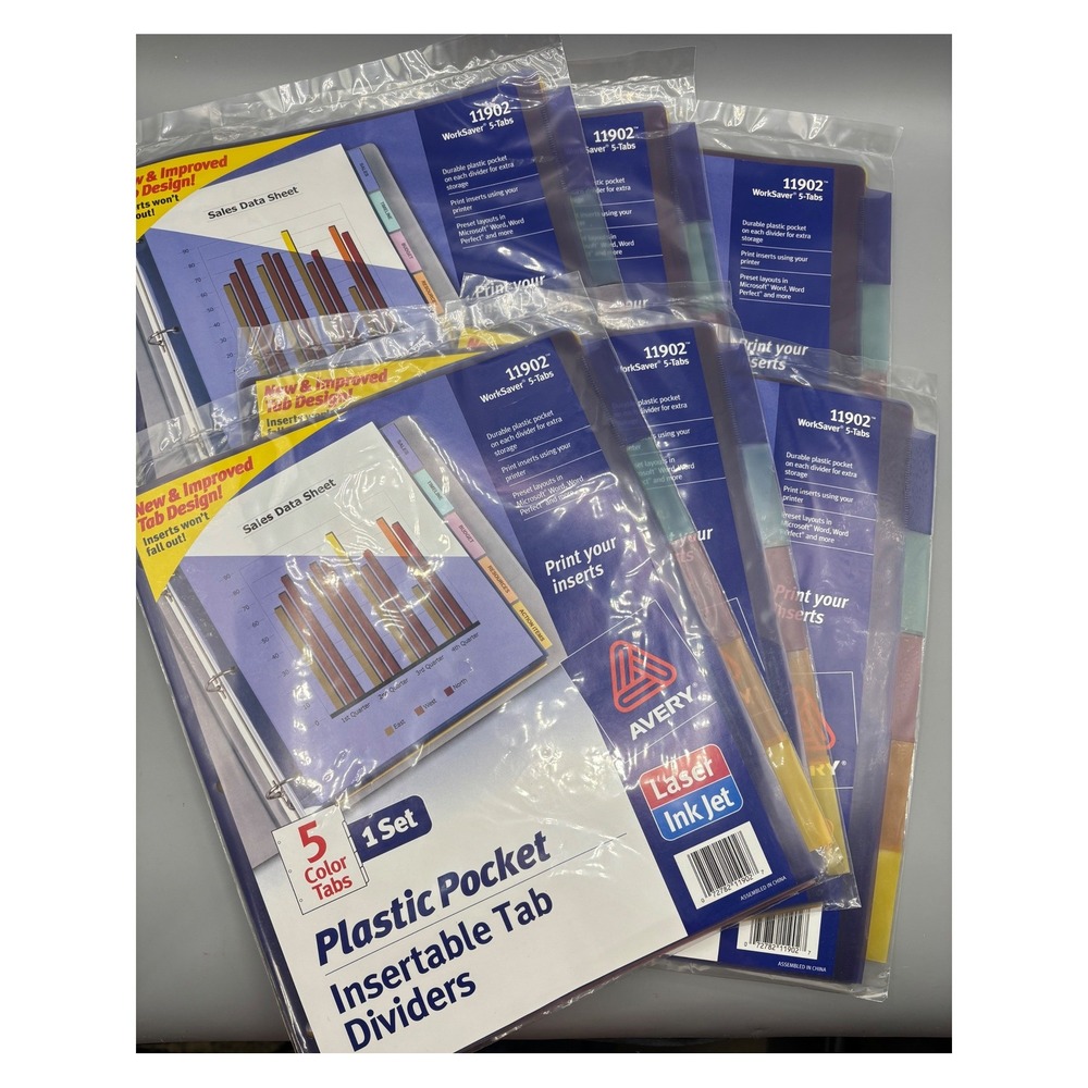 Avery 11902 WorkSaver Plastic Pocket‎ Insertable Tab Dividers 5-Tab 6 Sets New